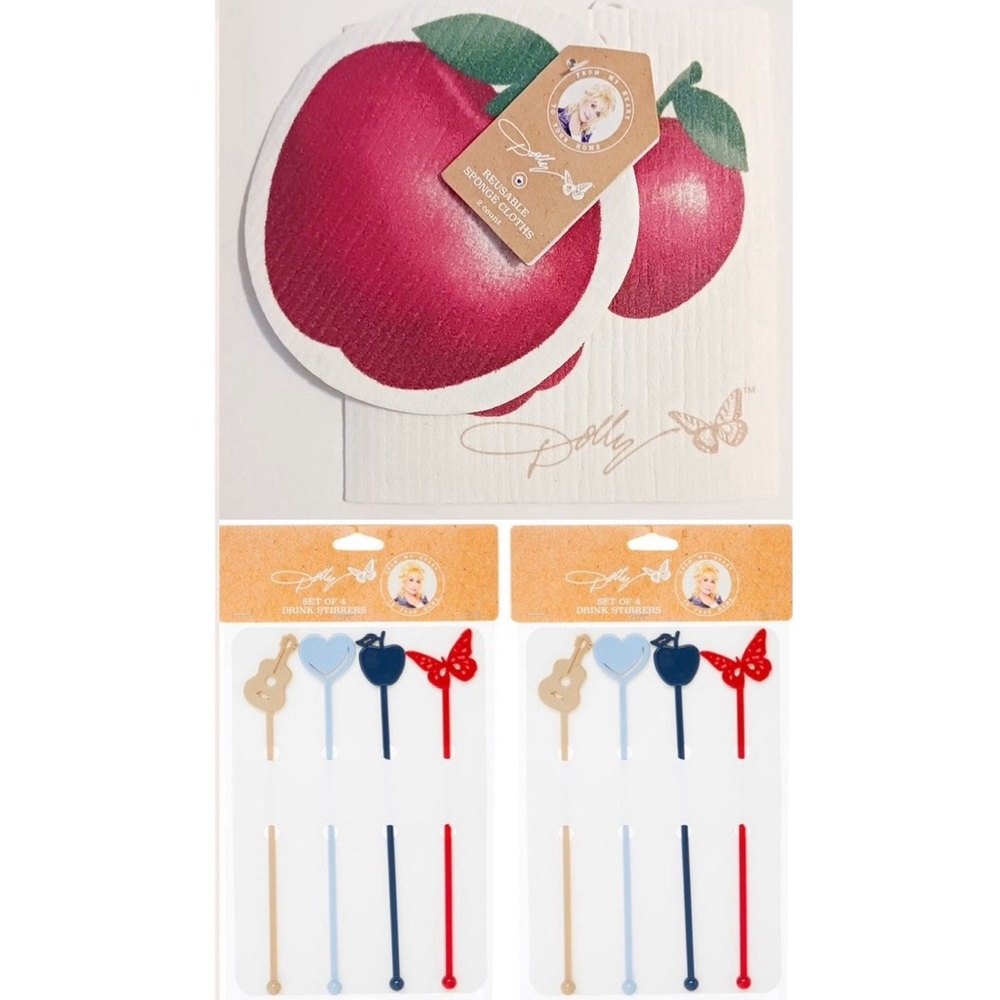 3Pack Dolly Parton reusable sponge cloths & Drink Stirrers 10piece set